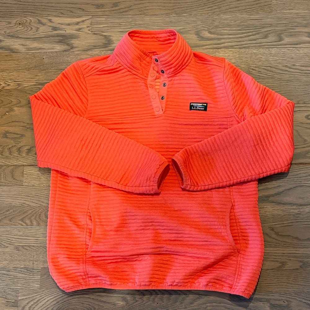 L.L. Bean Bright Coral Ribbed Snap Pullover Women’s XL Tall